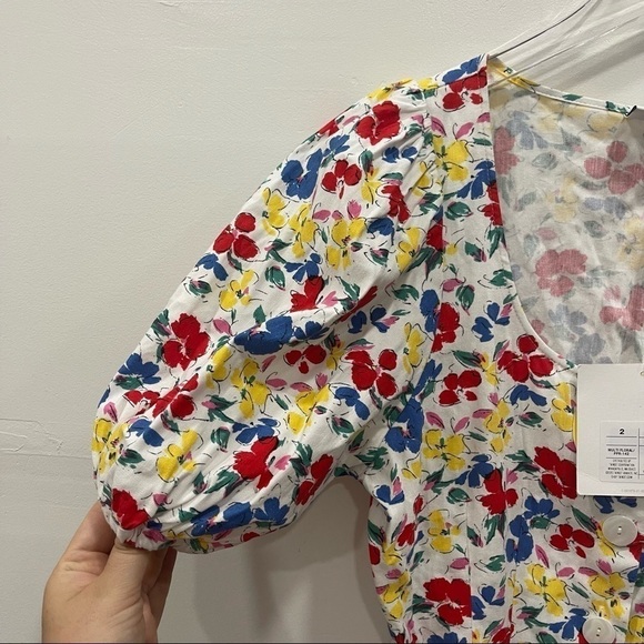 Rixo Target Puff Sleeve Linen Multicolor Floral Button Front Mini Dress Size 2 - Picture 3 of 10